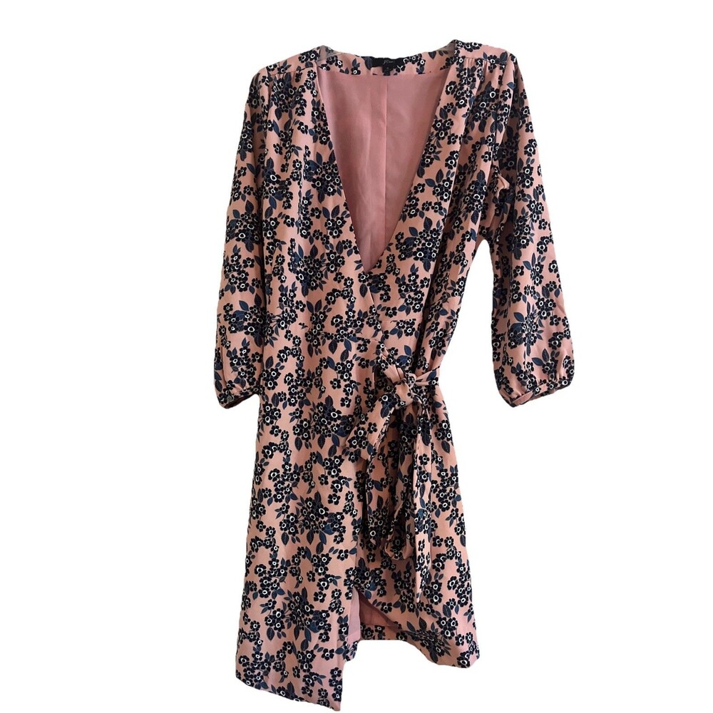 J Crew Wrap Dress Womens 6 Pink Black Floral Lined Asymmetrical Side Tie Wedding